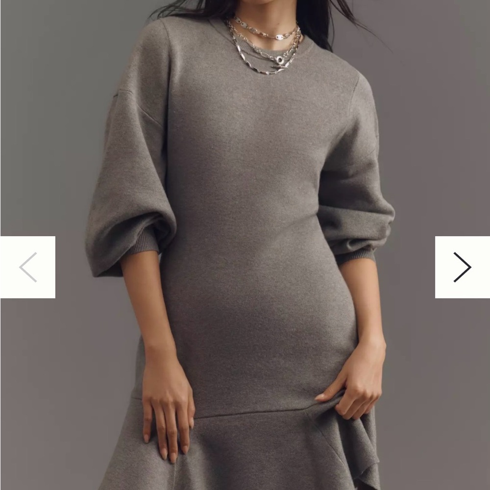 Anthropologie Taupe Balloon-Sleeve Knit Midi Dress